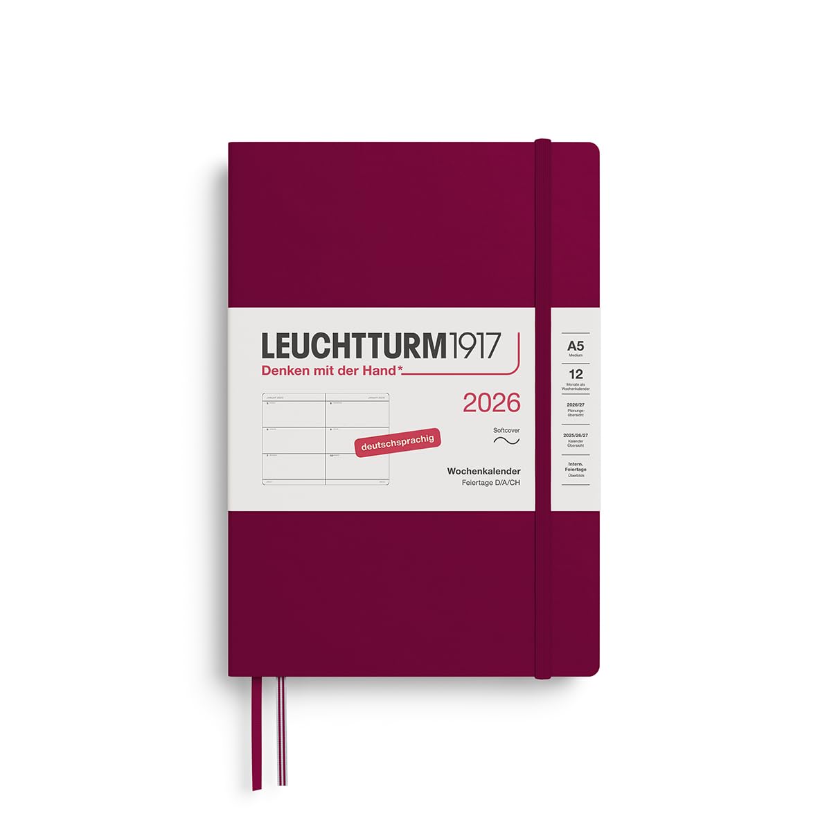 LEUCHTTURM1917 372557 Weekly Planner Medium (A5) 2026, 12 Months, Soft Cover, Port Red, German