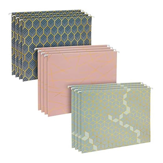 12 Pack Decorative Hanging File Folders with 1/5 Tab, Gold Foil Geometric Design (3 Colors, 11.75 x 9 in)