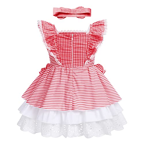 Baby Girl Gingham Dress Lace Flower Girls Plaid Dress Red And White Plaid Dress Sweet Princess Bowknot Tutu With Headband Baby Plaid Pageant Outfit Red Plaid 12-18 Months #TOP2