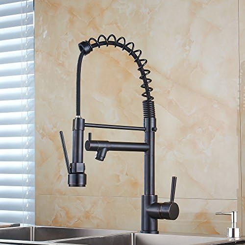 Ollypulse Solid Brass One Hole Deck Mount Kitchen Sink Faucet with Swivel Sprayer and Spout, Oil Rubbed Bronze Finish (Black)