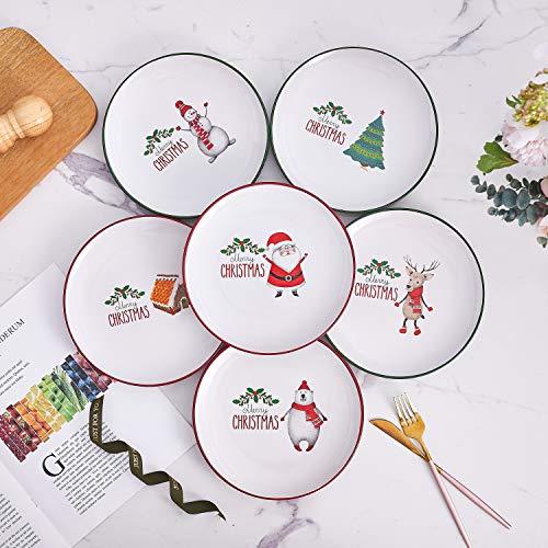 Bruntmor 8" Christmas Theme Round Plate Set Of 6, Premium Quality Ceramic Plates For Salad Pasta And Table Presentation, Desert Plates For Christmas Eve,Dishwasher And Oven Safe #TOP1