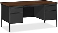 Lorell Fortress Double Pedestal Desk 60x30 Walnut Top Black Steel Frame - Durable Office Workstation