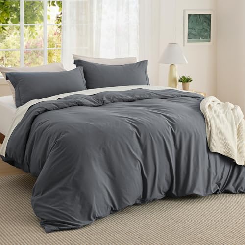 Image of Bedsure Textured Duvet Cover Queen Size - Cotton-Like Polyester Jacquard Duvet Cover Set for All Seasons - 3 Pieces Soft Bedding Set with 2 Pillow Shams, NO Comforter (Dark Grey, Queen, 90 inchx90 inch)