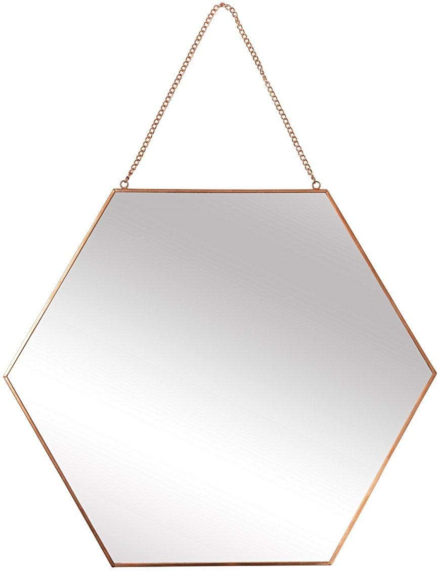 Hanging Wall Mirror Decor, Gold Mirror Color, Hexagon Wall Mounted Mirrors| Strong Chain and Hooks with Gold Frame| Home Decor, Bathroom Mirror, Bedroom Mirror, Living Room and Office| 11.8” by 10.3"