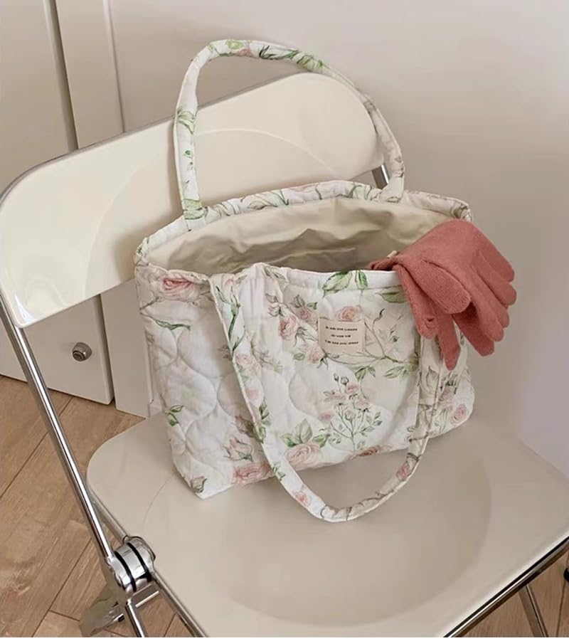 Image of Floral Quilted Cotton Shoulder Bag for Women Medium Size Handbag Large Capacity Thickened Design Tote