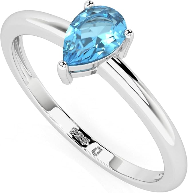 Natural Swiss Blue Topaz Stackable Ring for Women in Sterling Silver, November Birthstone Jewelry Gifts for Her (Round, Oval, Pear)
