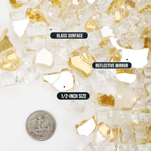 Image of Skyflame Fire Pit Glass Rocks, 15 Pound Gold Reflective Fire Glass for Outdoor Indoor Fire Bowl Fireplace, 1 /2-Inch