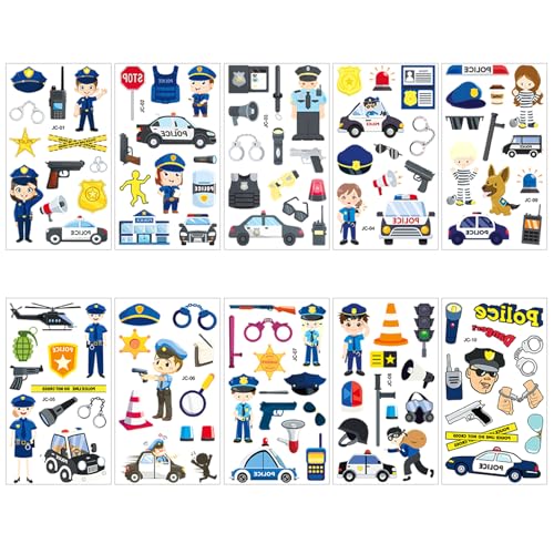 10 Hojas Tatuajes Temporales para Policía para Niños, Stickers de Tren de Policía Temáticos, Stickers de Recompensa para el Aula, Tatuajes Temporales Niños para Fiesta Halloween Cumpleaños