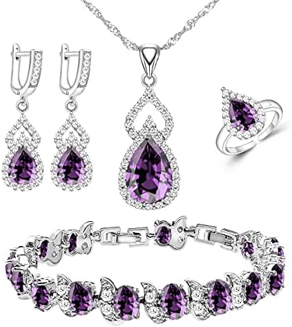 LMXXVJ Created Purple Amethyst Women Jewelry Set - Silver Tone Necklace Open Ring Earrings Tennis Bracelet Set,Wedding Birthday/Anniversary Mother’s Day Birthstone Jewelry Gifts