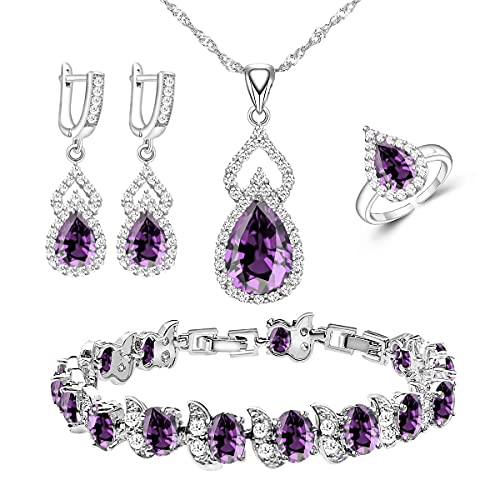 LMXXVJ Created Purple Amethyst Women Jewelry Set - Silver Tone Necklace Open Ring Earrings Tennis Bracelet Set Wedding Birthday/Anniversary Mothers Day Birthstone Jewelry Gifts