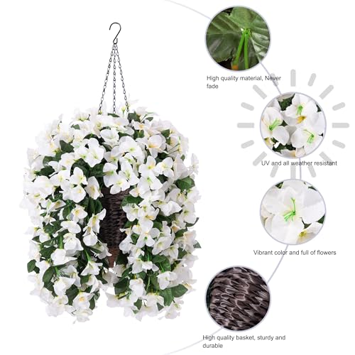 Image of INSPRING Artificial Bougainvillea Faux Flowers Plants Baskets for Outdoor Outside Decoration, 3PCS Fake Silk Flowers Long Trailing Vines UV Resistant Realistic for Front Door Porch Patio (White)