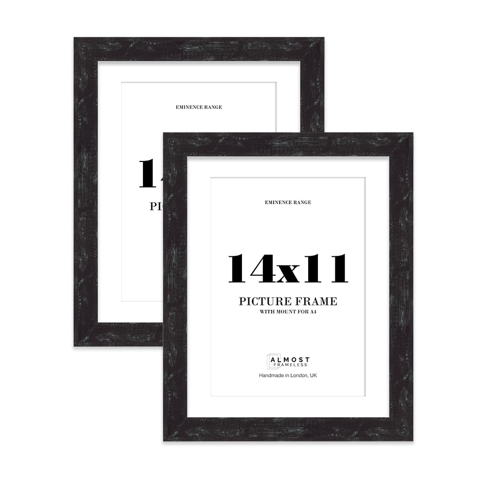 14x11" Distressed Black Picture Frame with A4 Mount - Industrial Photo Frame with Distressed Finish, Wall Hooks and Kickstand, 32mm Edge - 2 Pack
