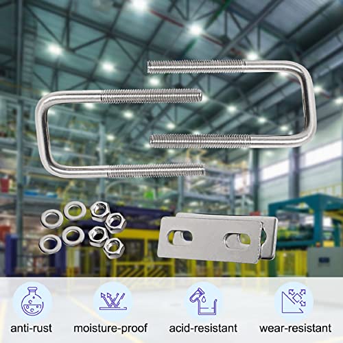 Image of U Bolt, 4 Sets 1.2 (30mm) Inner Width 304 Stainless Steel M6 Square U-Bolt with Plate Screw Nut Fastener, Suitable for Silver M6 x W-1.2inch x L-2.7inch