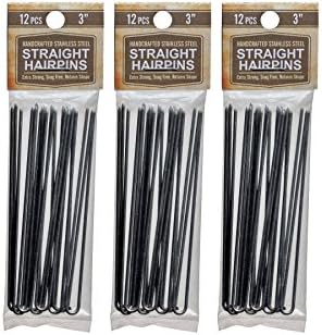 Hair pins 3” Inch Straight 3 Packs (36 pins) Stainless Steel SILVER Heavy Duty Snagless Handmade use Hairpins instead of Bobby Pins for Wedding/Bridal Up-do's