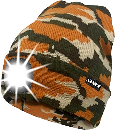 ATNKE LED Lighted Beanie Cap,USB Rechargeable Running Hat Ultra Bright 4 LED Waterproof Light Winter Warm Gifts for Men and Women/Camouflage Yellow