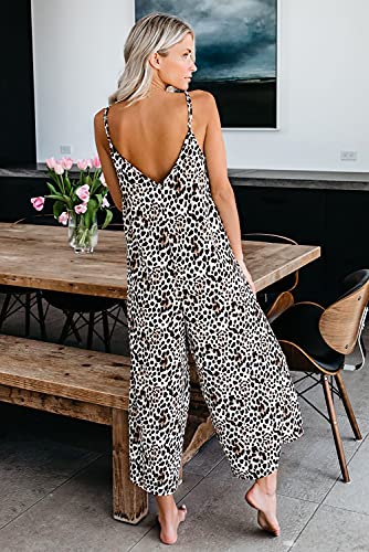 Roskiki Womens Print Comfy Casual Summer Beach Loose Spaghetti Strap Crooped Long Pants Jumpsuits Rompers With Pockets Brown Leopard X-Large #TOP1