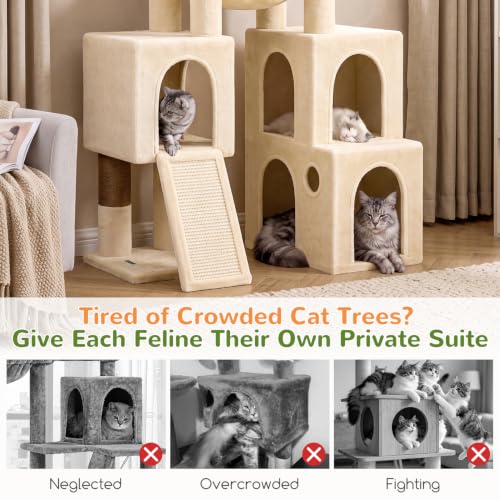 Image of Globlazer Tall Cat Tower for Indoor Adult Cats, 72-inch, S72G, Beige | Heavy Duty Cat Tree House for Big Cats with 2 Extra-Large Padded Platform, 7 Sisal Scratching Posts, 3 Large Condos