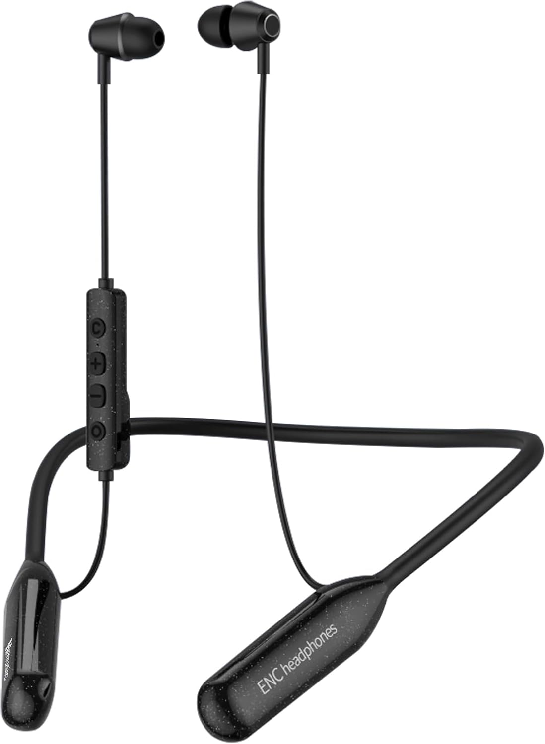 Hmusic H25 Neckband Bluetooth Headphones, black color, showing the neckband, earbuds, and inline control panel.