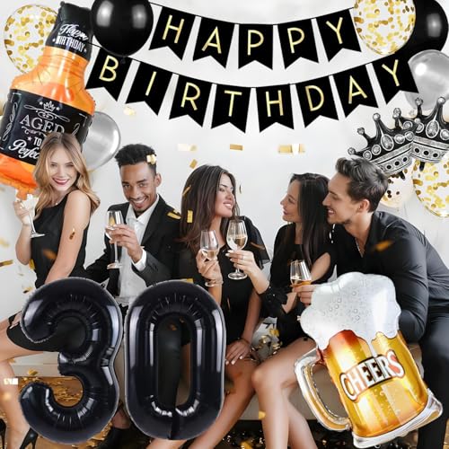 Happy 30th Birthday Decorations, Includes Black Number 30 Balloons, Banner, Silver Black and Gold Confetti Balloons, Whiskey Beer Crown Foil Balloon for 30th Birthday Party Supplies by Pensar - Used condition - Image 2