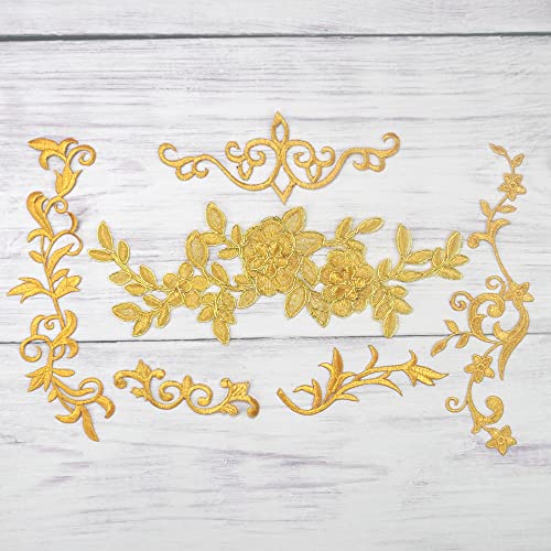 6 Pairs Gold Flower Embroidery Patch Sewing Craft Decoration Lace Diy Appliques For Wedding Prom Dress Clothes Diy Clothing Jean #TOP6