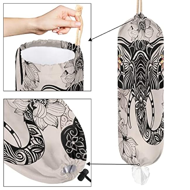Elephant Flower Plastic Bag Holder Grocery Bag Holder Large Wall Mount Garbage Plastic Bag Organizer Drawstring Adjustment for Kitchen, 22x9 in