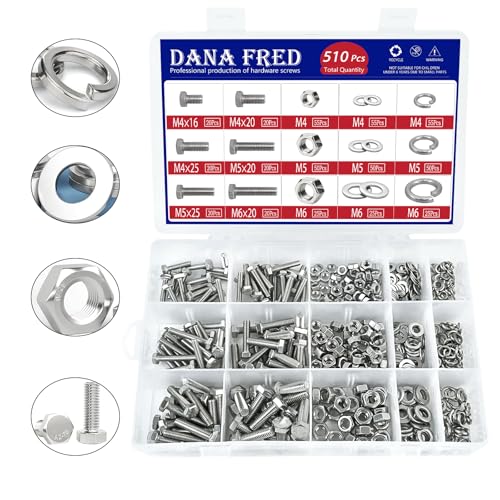 Hex Flat Head Bolts M4 M5 M6 Metric Threaded Hexagon Machine Screws Nuts Metal Hardware Fastener Flat and Lock Washers SAE Assortment Kit Set 304 Stainless Steel 510pcs