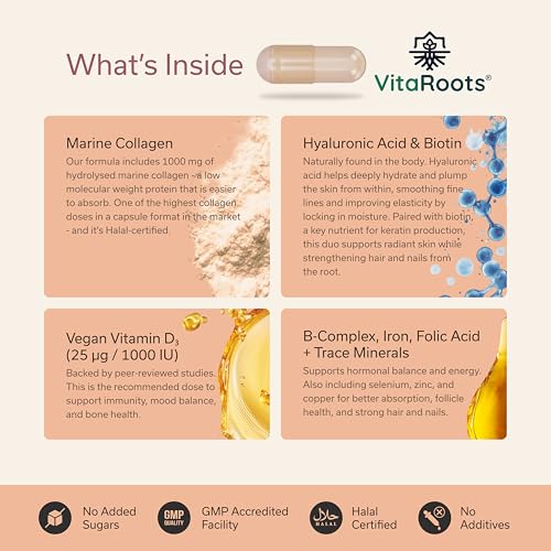 Inner Beauty Vitamins™ with Halal Marine Collagen, Biotin, Hyaluronic Acid & Vitamin D3 | All-in-One Hair, Skin & Nails Supplement | Women & Men | Clean, Ethical Formula | New & Improved by Vitaroots® - Image 4