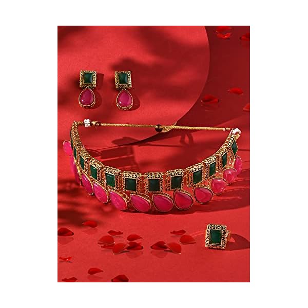 ZAVERI PEARLS Pink & Green Stones Antique Teardrop Necklace Earring & Ring Set For Women-ZPFK15891 - Image 5