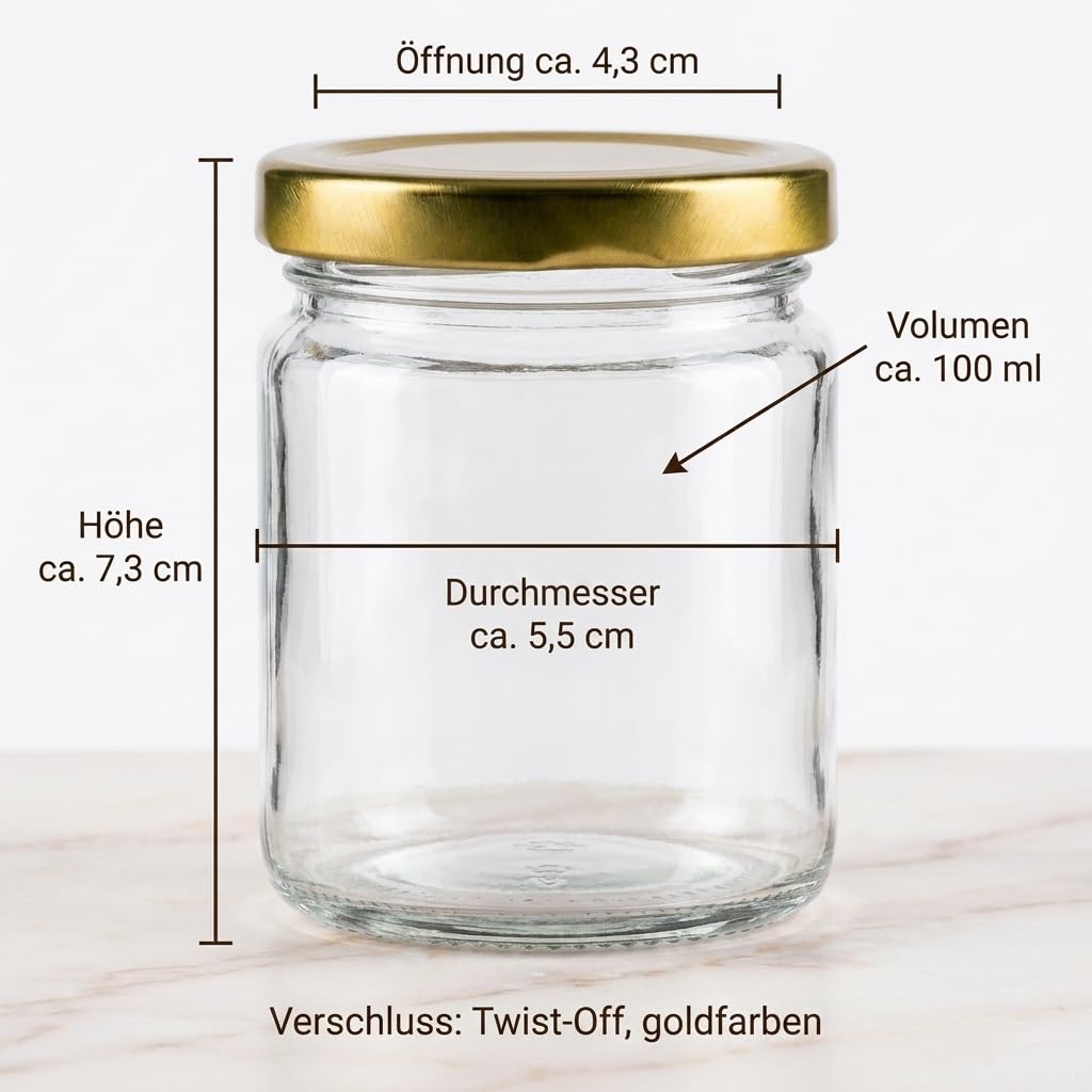 gouveo Zestaw 24 słoików na przetwory 100 ml, okrągłe, z zakręcanymi pokrywkami, w kolorze złotym – małe słoiki na zapasy z nakrętką – słoiki zakręcane do gotowania i przechowywania