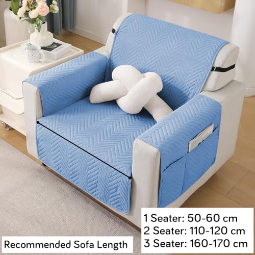 Image of HOKIPO Polyester 1 Seater Quilted Sofa Cover with Pockets, Blue (In-801-Bl)