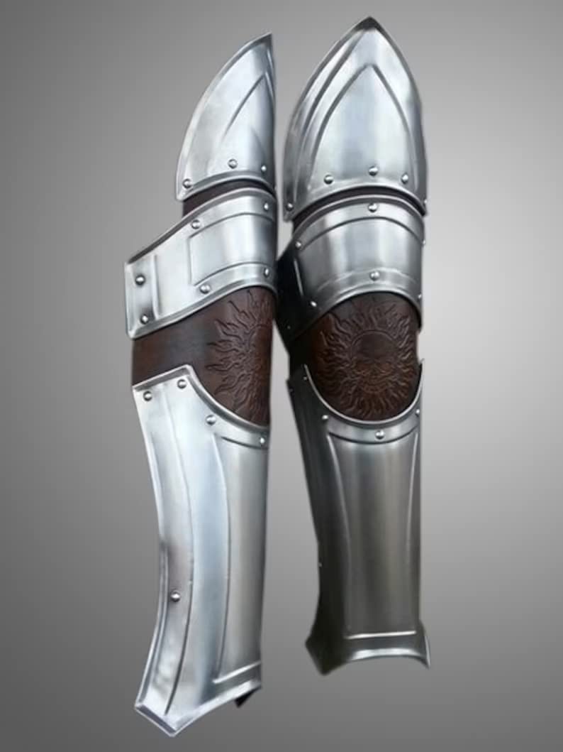 NAUTICALMART Steel Warrior Greaves - Leather & Metal Leg Greaves - Pair Steel Armor Leg Greaves