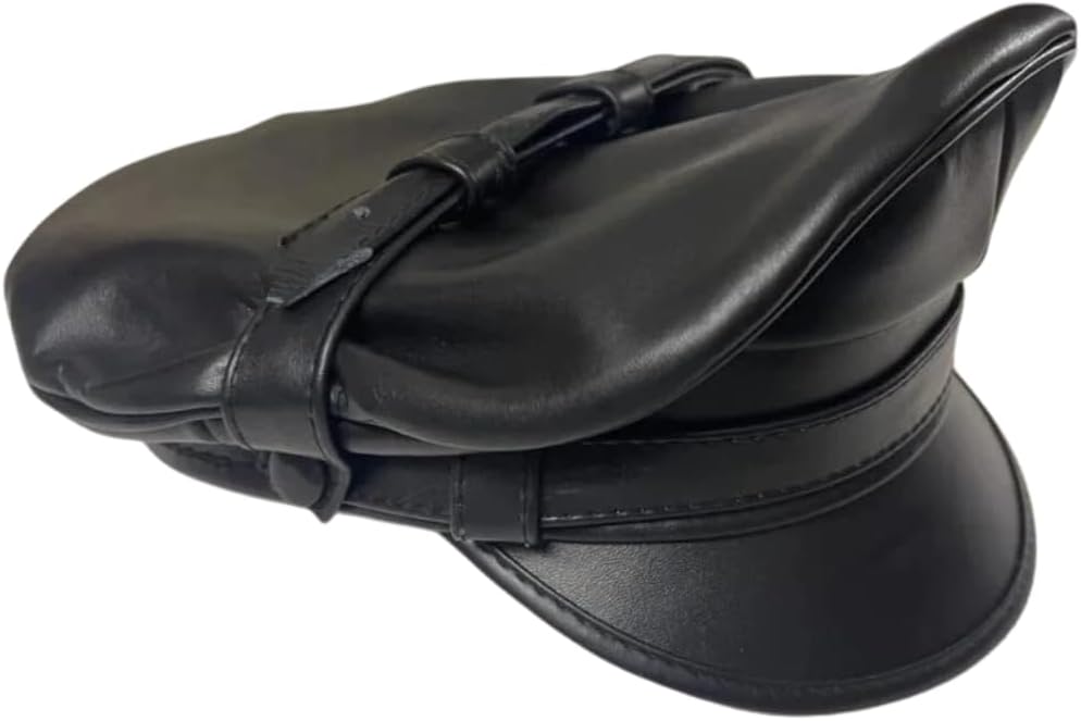 Full Leather Black Army Peaked Cap Hat for Men – Military Style Officer Cap, Premium Genuine Leather, Classic Uniform Hat, Size 60