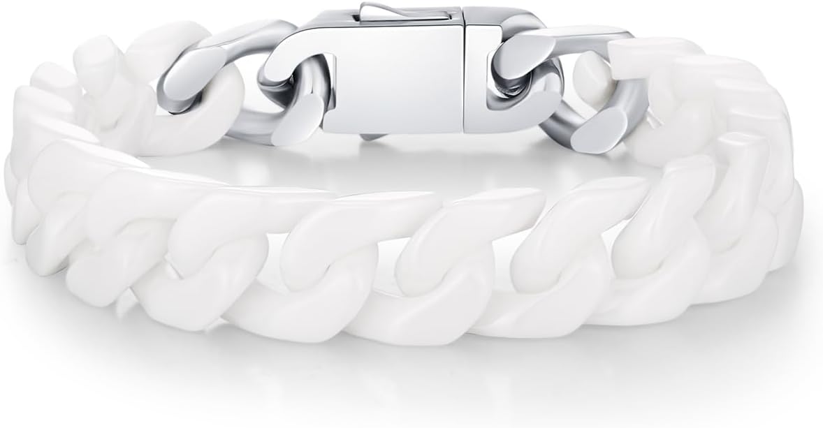 Black and White 12mm Wide Ceramic Cuban Link Bracelet for Men Women Unisex Bold Thick Chain Hypoallergenic Scratch Resistant Jewelry Gift for Him and Her 7.0-9.0 Inches