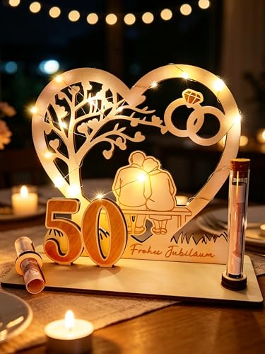 Goldene Hochzeit Geschenke Kreative Holz Geldgeschenk Verpackung mit LED Lichterkette & Karte Geschenkidee Zum 50. Hochzeitstag Eltern Premium Glückwunschkarte Tischdeko Goldene Hochzeit Deko