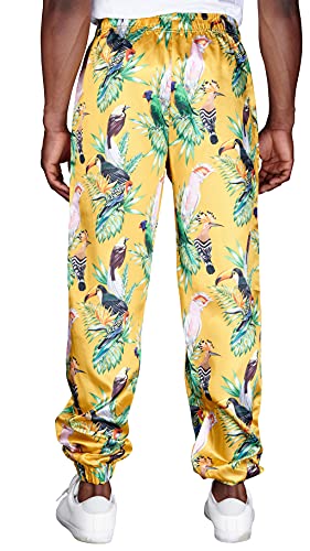 Mad Engine Men's Tropical Birds of Paradise Gold Satin Lounge Sleep Pants4