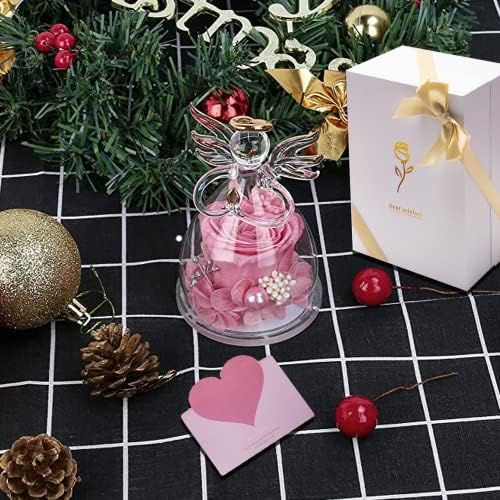 Angel Forever Pink Rose Flower Ornament In Glass Dome,Beauty And The Beast Real Preserved Eternal Rose For Girlfriend,Love Box Gift On Valentine Mother'S Day Anniversary Wedding Christmas Birthday