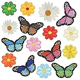 Lieferumfang: Unser Aufnäher enthält zwei Arten, das Paket enthält 16 Stück Bügelapplikationen in 2 Stilen, nämlich elegante Gänseblümchen (10 Stück), bunte Schmetterlinge (6 Stück), verschiedene Größen und Farbmengen, um Ihre Bedürfnisse zu erfüllen.