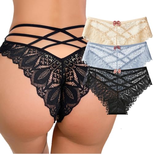 Image of Womens Sexy Thongs Lace Panties Underwear Low Rise Plus Size Underpants Pack of 1-3