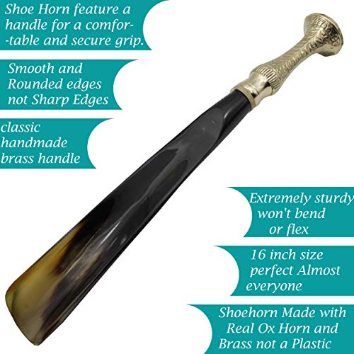 Shoe Horn Made with Real Horn Handmade. Easy Grip Long Brass handle Shoehorn for Men,Women Seniors, Pregnancy, Elderly, back pain, tall people and kids Shoes & Boots. Home or Travel .(16\'\'brass) - Thumbnail 2