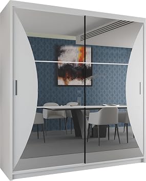 SLIDING WARDROBE 4U Rhode Modern Double Sliding Mirror Door wardrobe With Adjustable Shleves and Hanging Rails White, 203cm