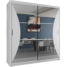 SLIDING WARDROBE 4U Rhode Modern Double Sliding Mirror Door wardrobe With Adjustable Shleves and Hanging Rails White, 203cm