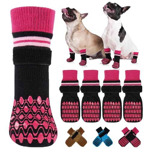 Kuoser Non Slip Dog Socks for Hardwood Floors,4Pack Anti-Slip Dog Grippy Socks to Prevent Licking Paws,Dogs Booties Paw Protectors with Double-Sided T