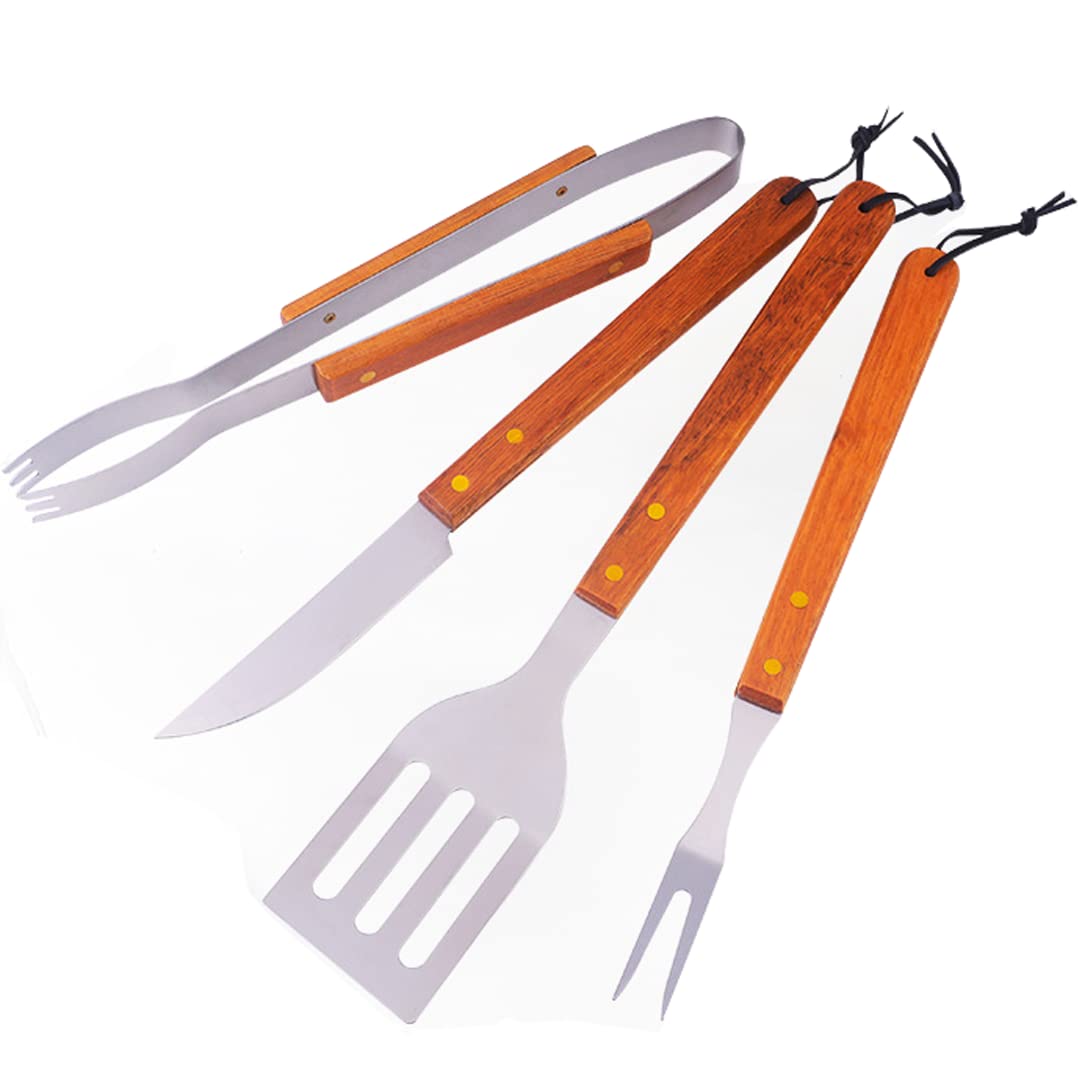 Kit barbecue 4 pièces en inox avec manche en bois pour vos grillades de camping et de jardin