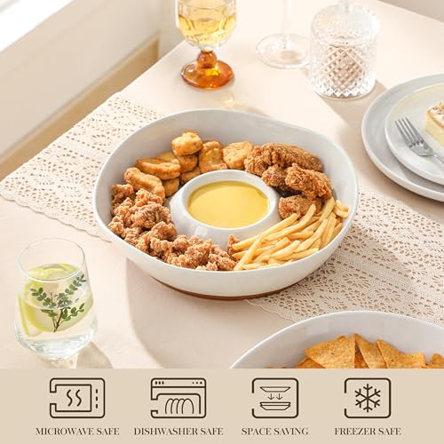 MALACASA Servierplatte für Chips und Dips, 30.5 cm Großer Teller mit Dipschalen für Chips & Salsa, Nacho & Dips, Obst, Vorspeisenplatte für Partys und Gäste, Weiß