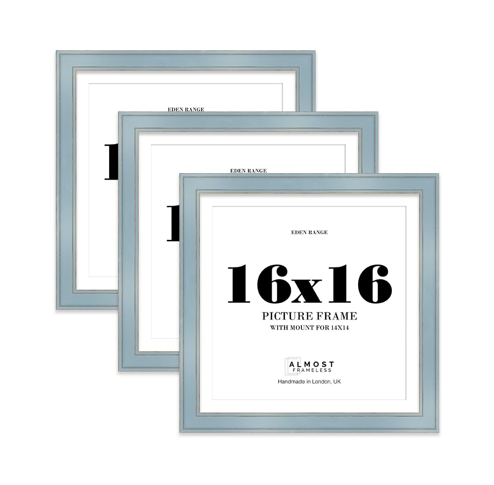16x16" Cornflower Blue Square Picture Frame with 14x14" Mount - Shabby Chic Photo Frame with Distressed Finish, Gold Trim, Wall Hooks, 37mm Edge - 3 Pack