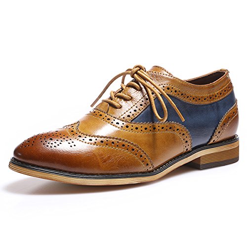 Mona flying Women's Leather Perforated Lace-up Oxfords Brogue Wingtip Derby Saddle Shoes for Girls ladis Women