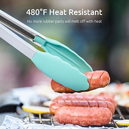 Image of Kitchen Tongs, U-Taste 7 /9 /12 inches Cooking Tongs, with 480ºF High Heat-Resistant Non-Stick Silicone Tips, 18 /8 Stainless Steel Handle, for Food Grill, Salad, BBQ, Frying, Serving, Pack of 3 (Teal)