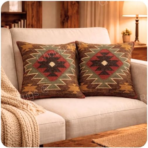 Chouhan Rugs 2 Set of Indian Kilim Cushion Cover 18X18 Pillows Boho Ethnic Shams Jute Pillow Cases Rug Boho Shams (Pattern 24) product photo