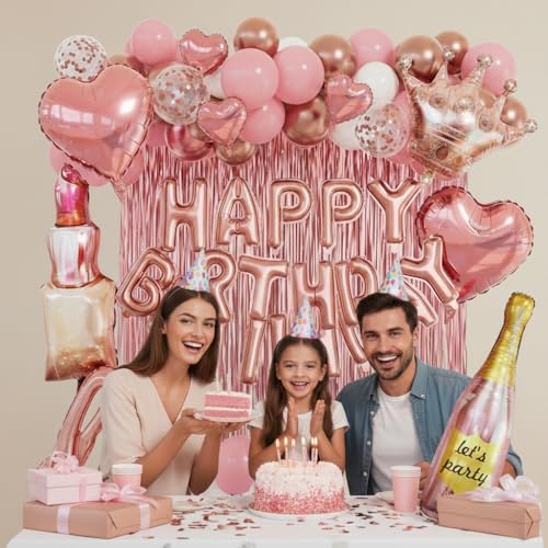 Image of Piece Rose Gold Birthday Decorations for Women 96pcs, Pink Balloons birthday decorations with Happy Birthday Banner, Rose Gold Foil Fringe Curtains for Valentines Wedding Romantic Party Decor