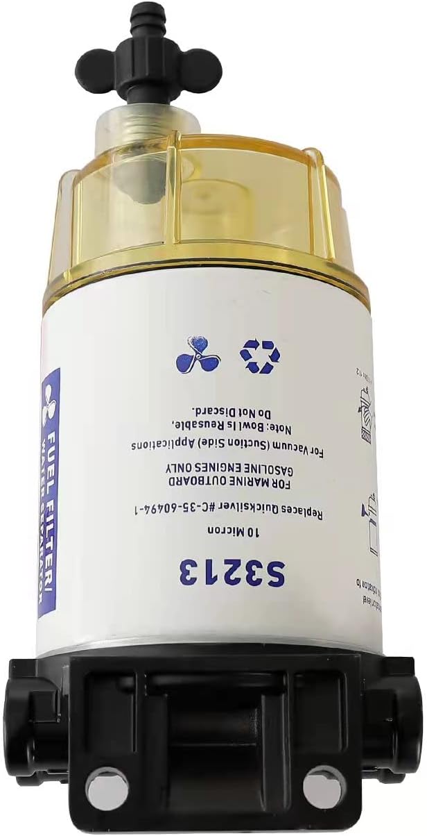 S3213 Fuel Filter Marine Fuel Water Separator Assembly With Clear Bowl and 3/8" Barb x 1/4" NPT Fittings Replacement for Marine Outboard Motor Mercury Replaces# 35-60494-1, S3213, 18-7932-1, 18-17928
